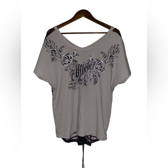 Affliction Julia Rose Silver‎ Mesh Women Medium Cinch Tie Panel Tee Shirt Moto - Picture 1 of 7